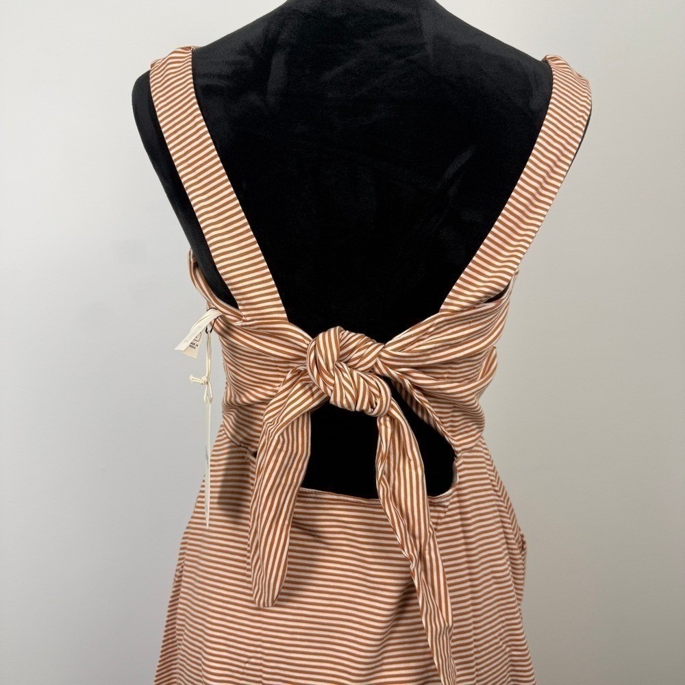 Pact Fit and Flare Tie Back Midi Dress Womens Large Tan White Striped Coastal - Picture 5 of 10